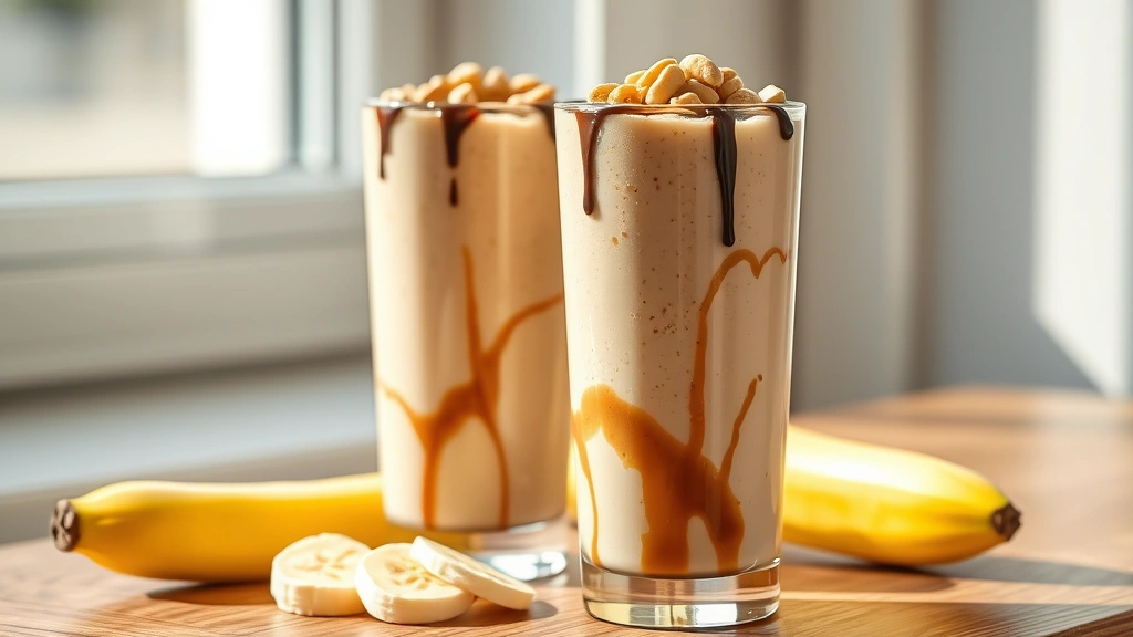 hero: Two tall glasses filled with creamy peanut butter smoothie, topped with chopped peanuts and chocolate drizzle, natural morning light from window, wooden surface, fresh banana slices beside glass, photorealistic, no text