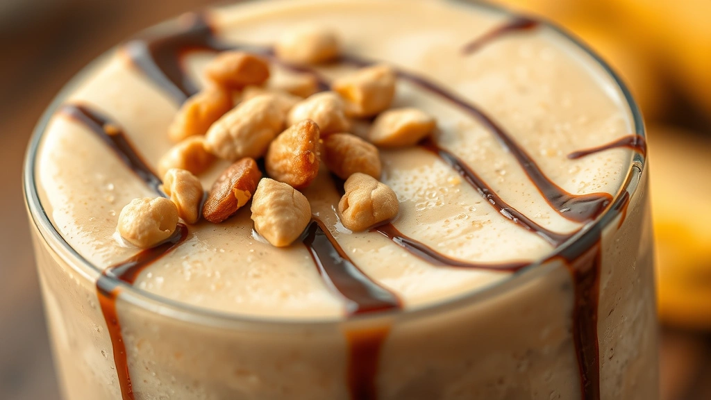 detail: Close-up of creamy peanut butter smoothie texture with chopped roasted peanuts sprinkled on top, chocolate drizzle pattern visible, condensation on glass, shallow depth of field, warm natural light, photorealistic, no text