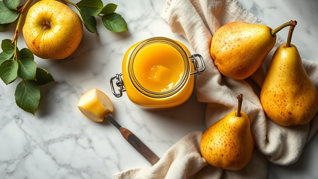 hero: overhead shot of open jar of golden pear butter on marble surface with fresh pears and linen napkin, photorealistic, natural window light, no text