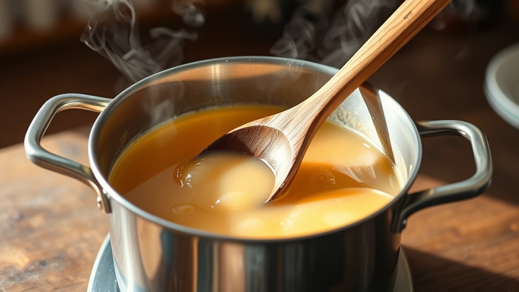 process: wide pot of simmering pear butter during reduction stage, steam rising, wooden spoon stirring, photorealistic, warm natural light, no text