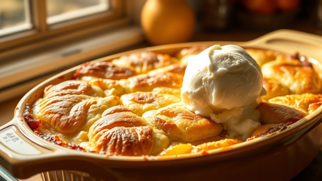 hero: golden-brown pear cobbler fresh from the oven, rustic biscuit topping with caramelized edges, bubbling pear filling visible around edges, served in ceramic baking dish, warm afternoon light streaming through kitchen window, vanilla ice cream melting on the side, no text, photorealistic