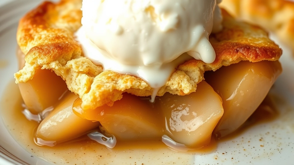 detail: close-up cross-section of warm pear cobbler, showing tender pear slices with syrupy filling and golden-brown biscuit topping, steam rising, served with melting ice cream, natural light, no text, photorealistic