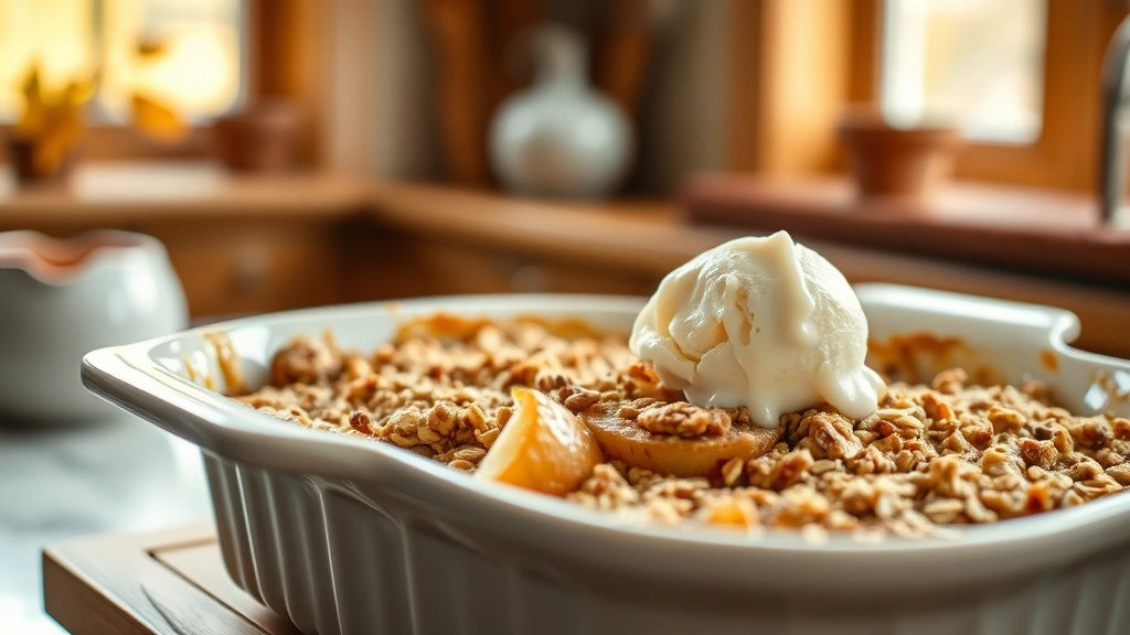 hero: warm pear crisp in white ceramic baking dish, golden-brown oat topping, vanilla ice cream melting on top, shallow depth of field, soft window light, cozy autumn kitchen setting, no text