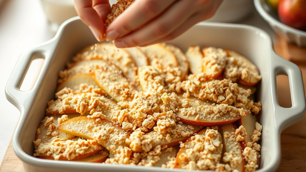process: hands sprinkling crisp topping over sliced pears in baking dish, mid-action shot, natural kitchen light, close angle showing texture detail, no text