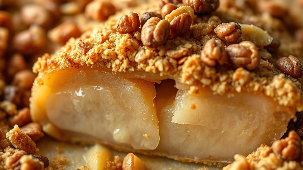 detail: close-up cross-section of baked pear crisp showing layers of tender pears and golden crispy topping with nuts, macro photography, warm lighting, no text