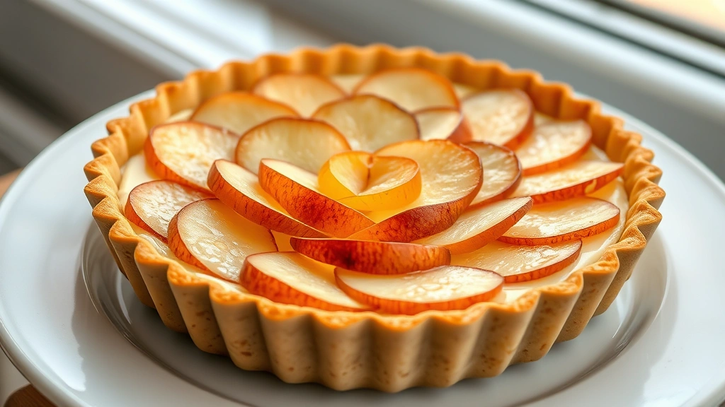hero: golden-baked pear tart with poached pear halves arranged in a spiral pattern on creamy almond filling in a fluted tart pan, photorealistic, natural window light, elegant plating, no text
