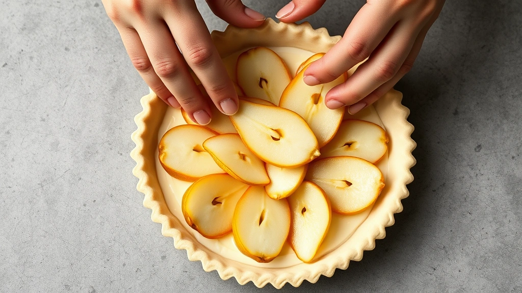 process: hands arranging poached pear halves onto almond cream filling in a pastry crust, showing the decorative arrangement technique, photorealistic, natural light, no text