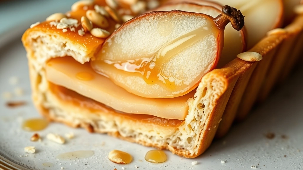 detail: close-up cross-section of the pear tart showing layers of crispy pastry crust, creamy almond filling, and tender poached pear with honey glaze, photorealistic, natural light, no text