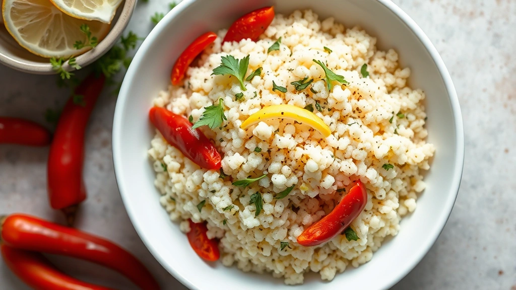 hero: fluffy pearl couscous in white bowl with fresh herbs, lemon zest, and roasted red peppers, Mediterranean setting, warm natural lighting, overhead shot, no text