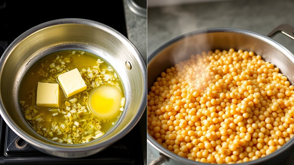 process: butter melting in saucepan with shallots, pearl couscous being toasted, golden pearls glistening, steam rising, natural kitchen lighting, action shot, no text