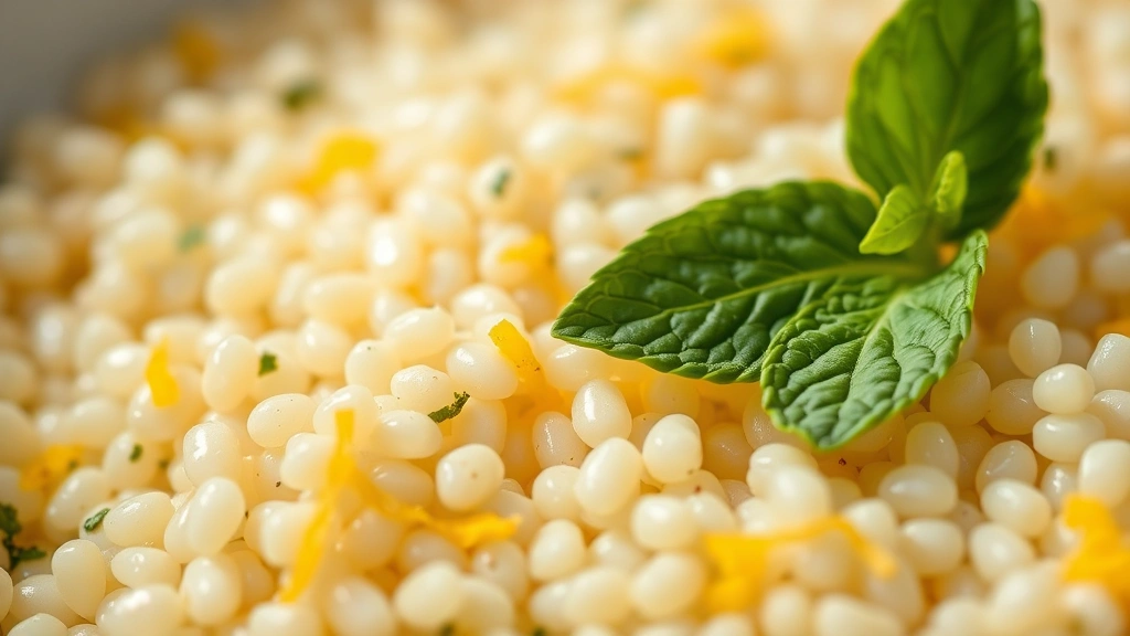 detail: close-up macro shot of individual pearl couscous grains with fresh mint leaf and lemon zest, shallow depth of field, bright natural light, no text