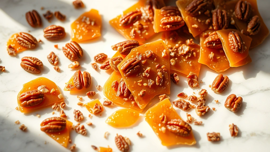 hero: homemade pecan brittle candy in golden amber color broken into pieces, scattered on white marble surface, natural sunlight, warm tones, appetizing and elegant presentation