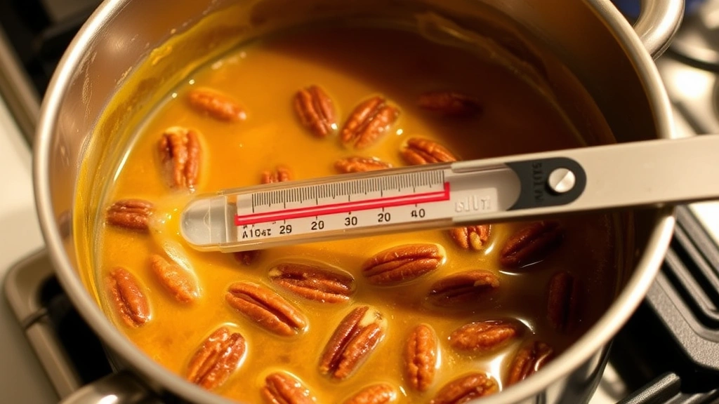 process: candy thermometer in bubbling golden caramel mixture with toasted pecans visible, saucepan on stovetop, warm kitchen lighting, showing the cooking process