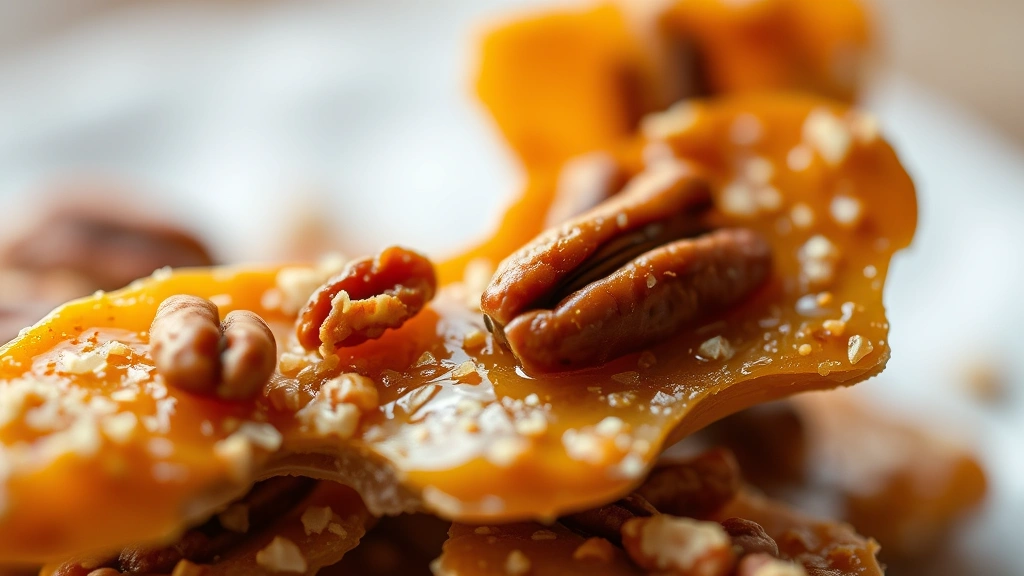 detail: close-up of broken pecan brittle pieces showing crispy texture and pecans, shallow depth of field, golden amber translucent color, natural light, food photography style