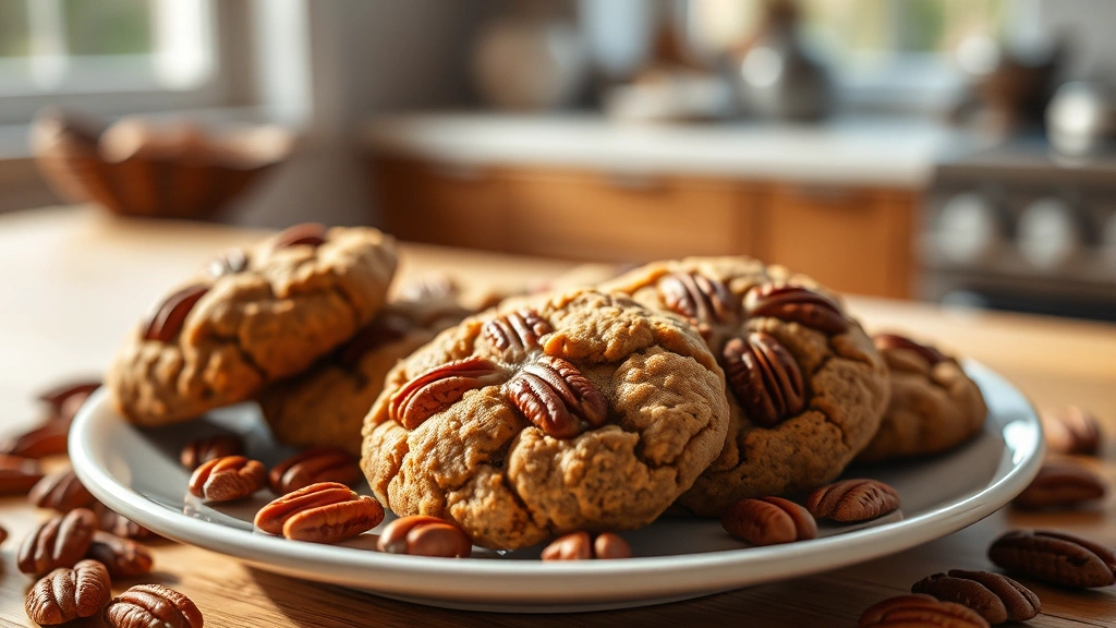 hero: golden brown pecan cookies arranged on white plate with scattered pecans, warm natural window light, shallow depth of field, cozy kitchen aesthetic