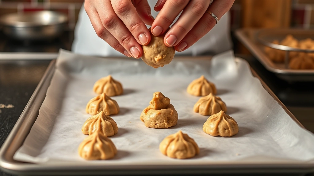 process: hands dropping cookie dough onto parchment paper lined baking sheet, warm overhead lighting, in-progress baking moment, professional food photography