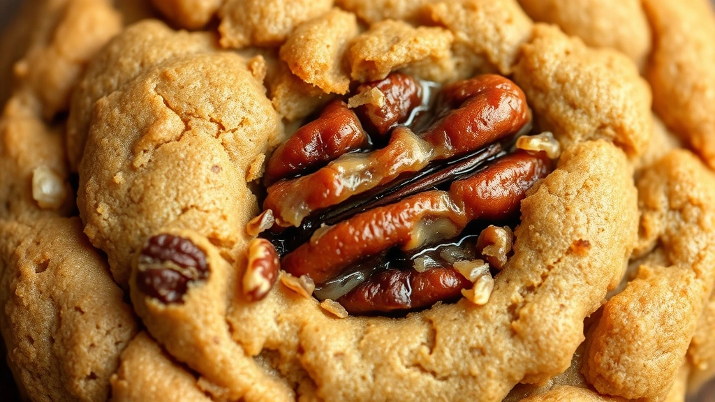 detail: close-up cross-section of single pecan cookie showing texture and pecans, golden brown exterior, creamy center, natural daylight, macro photography