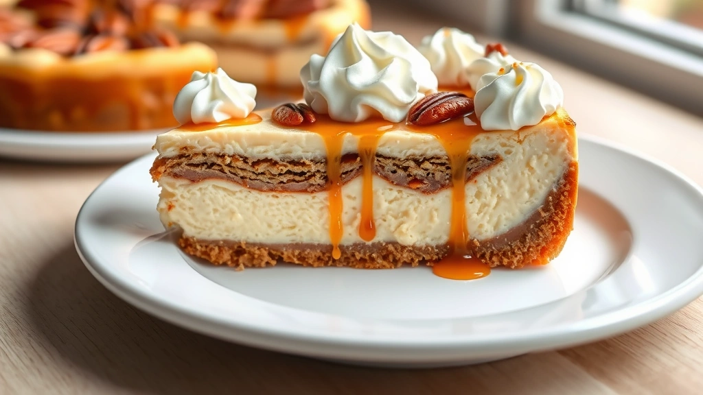 hero: stunning pecan pie cheesecake slice on white plate, creamy layers visible, topped with caramel drizzle and whipped cream, photorealistic, natural window light, no text