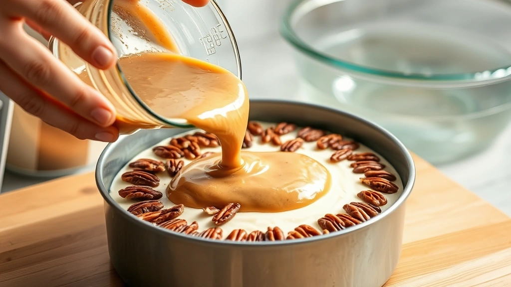 process: hands pouring pecan mixture over cheesecake layer in springform pan, water bath visible in background, photorealistic, bright natural light, no text