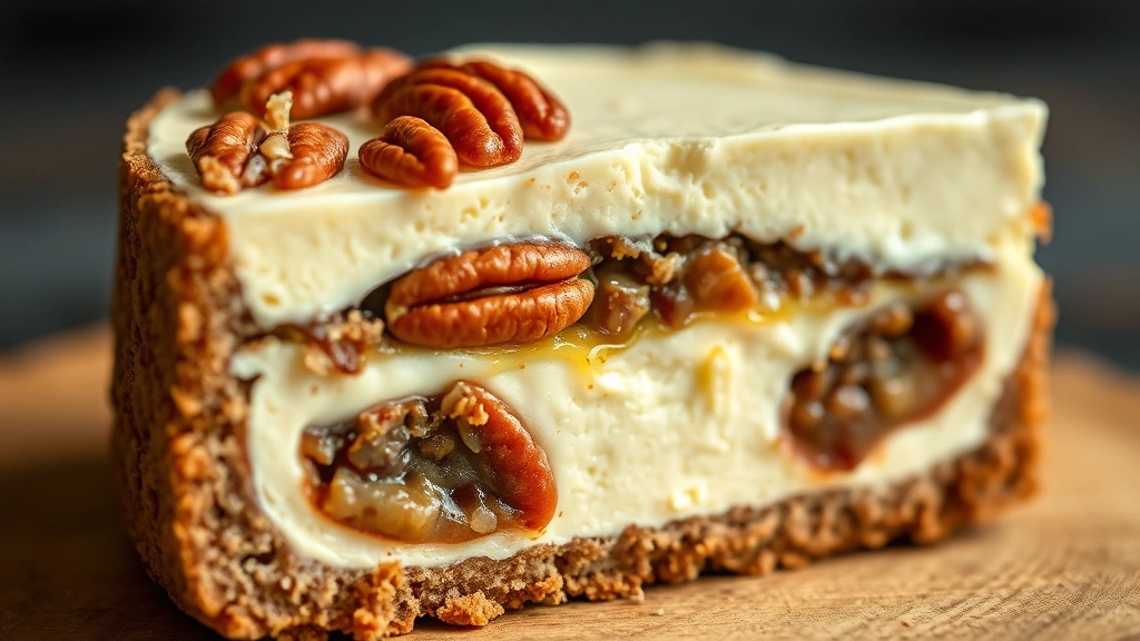 detail: close-up cross-section of cheesecake showing graham cracker crust, cream cheese layer, and pecan pie filling with whole pecans, photorealistic, macro photography, natural light, no text