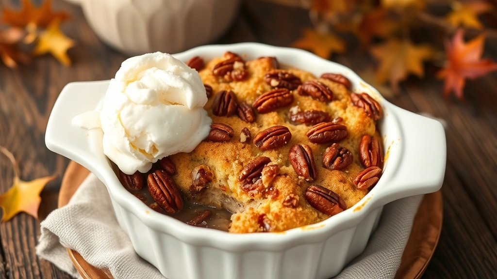 hero: pecan pie cobbler in white ceramic baking dish, golden-brown cobbler topping with pecans visible, vanilla ice cream melting on side, rustic wooden table background, natural afternoon light, cozy autumn setting
