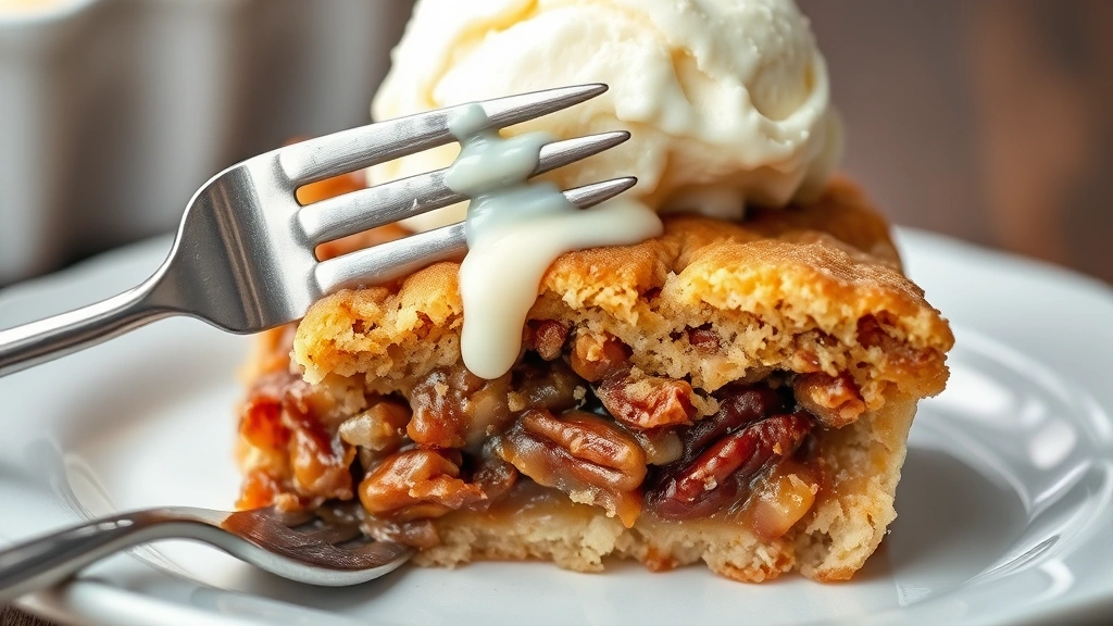 detail: close-up cross-section of baked pecan pie cobbler showing layers, golden cobbler top, pecan-studded filling, creamy vanilla ice cream melting on top, fork resting on side, macro photography style