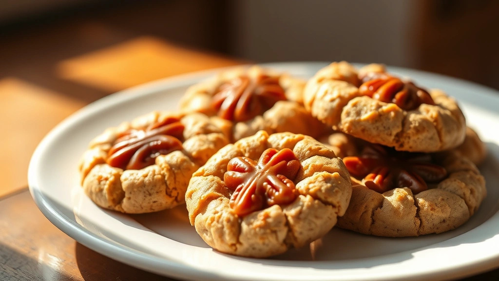 hero: golden brown pecan pie cookies with caramel centers on white plate, sunlight streaming in from left side, soft shadows, shallow depth of field, warm and inviting atmosphere, no text or watermarks