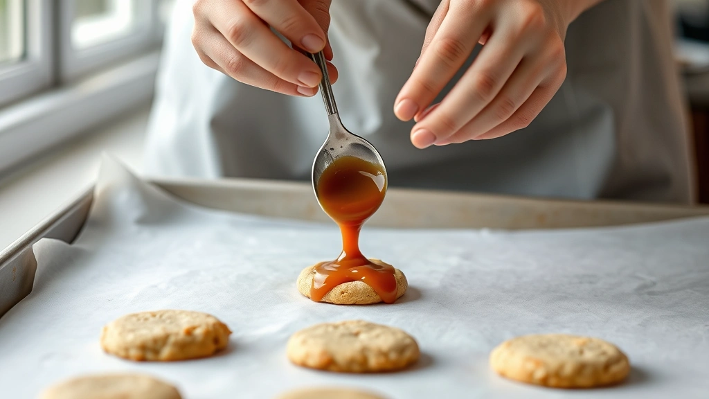 process: baker's hands dropping caramel sauce into cookie dough indent with spoon, baking sheet visible, natural window light, artisanal baking scene, no text or watermarks