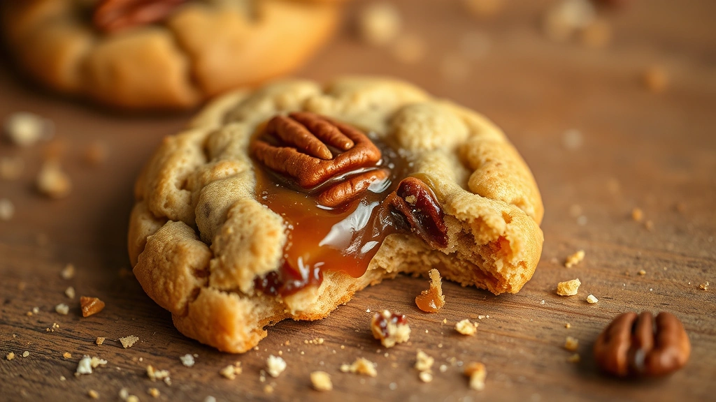 detail: close-up of single broken pecan pie cookie showing caramel center and pecan pieces, crumbs scattered on wooden surface, warm natural lighting, macro photography style, no text or watermarks