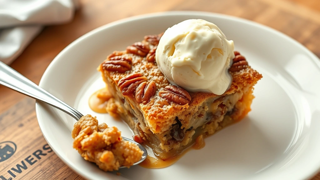 hero: golden brown pecan pie dump cake fresh from oven with melted vanilla ice cream on top, photorealistic, warm natural light, no text