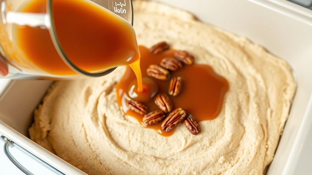 process: pouring caramel mixture over dry cake mix in baking dish with pecans visible, photorealistic, bright kitchen lighting, no text