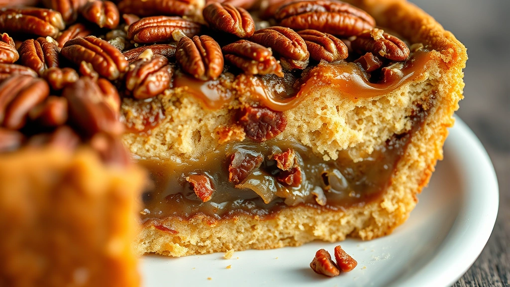 detail: close-up cross-section of pecan pie dump cake showing layers of cake caramel and pecans, photorealistic, natural diffused light, no text