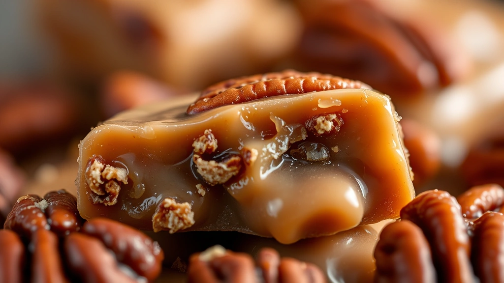 detail: Close-up of single creamy pecan praline showing texture and pecans, dramatic side lighting, photorealistic, no text