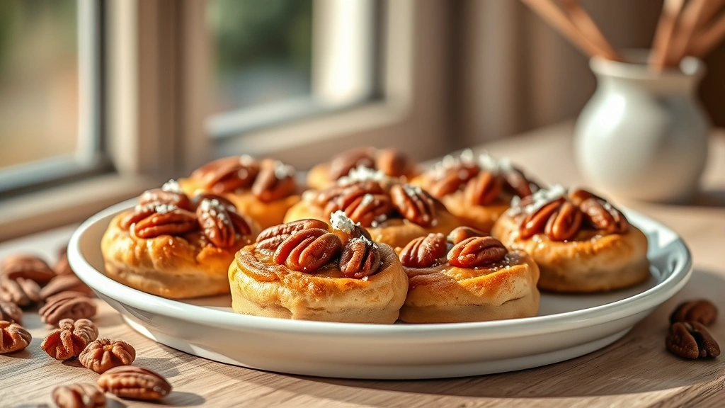 hero: Golden-brown pecan tassies arranged on a white ceramic plate with a soft blurred background, natural window light creating warm highlights on the caramelized filling, fresh pecans scattered nearby, photorealistic, no text
