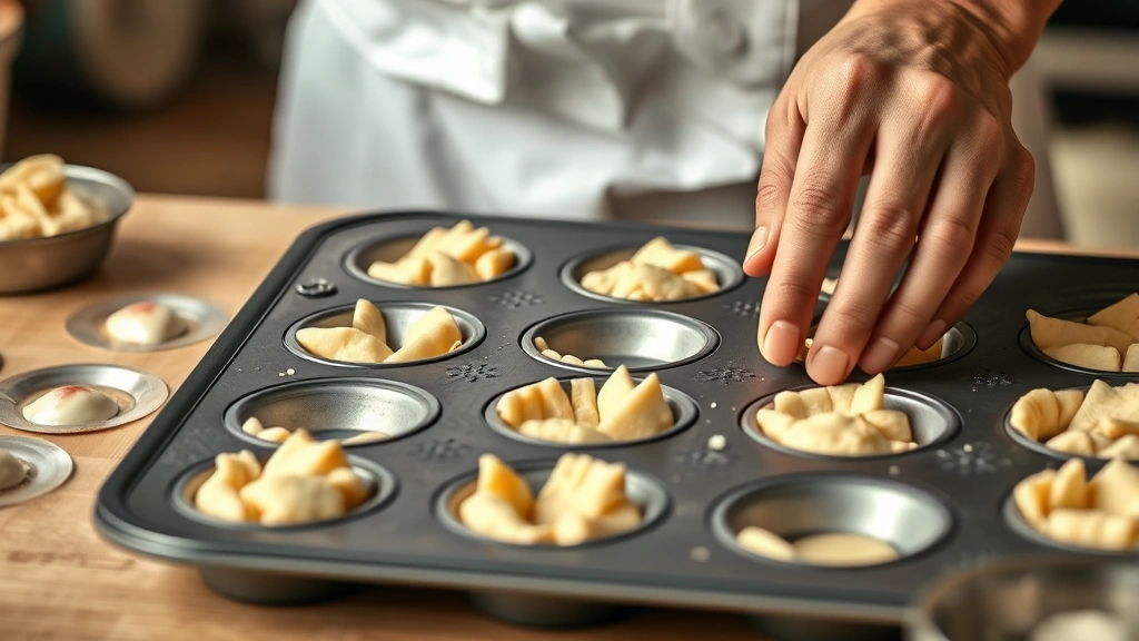 process: Hands gently pressing cream cheese pastry dough into mini muffin tins, showing the technique and texture, warm kitchen lighting, photorealistic, no text