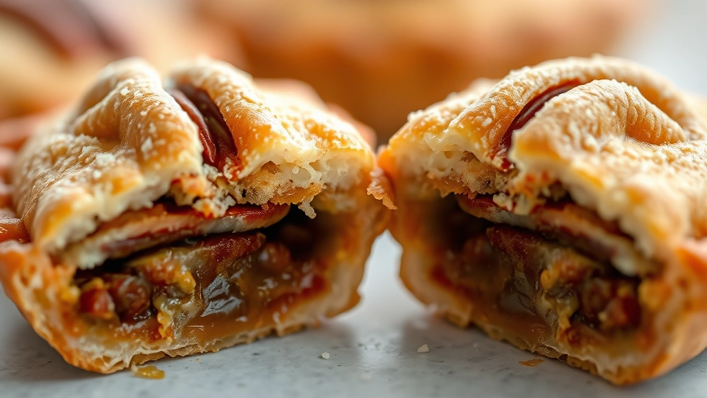 detail: Close-up macro shot of a single pecan tassie cut in half showing the tender pastry shell and rich gooey pecan filling, shallow depth of field, natural light, photorealistic, no text