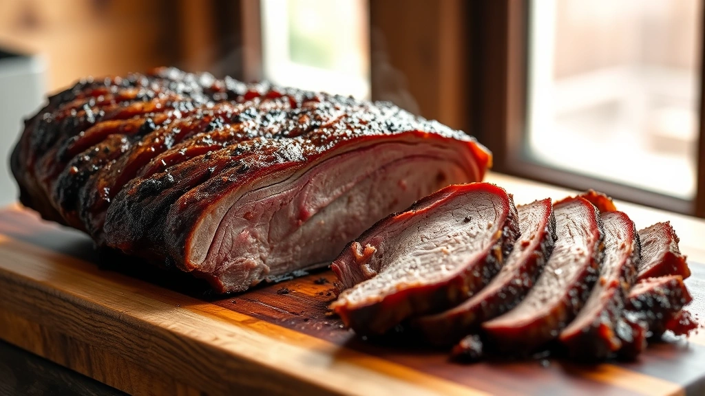 hero: perfectly smoked brisket sliced on wooden cutting board, beautiful smoke ring visible, warm golden bark, natural window light, rustic background