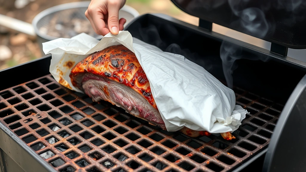 process: brisket wrapped in butcher paper being placed on pellet smoker grates, smoke billowing, hands visible, outdoor setting, natural daylight