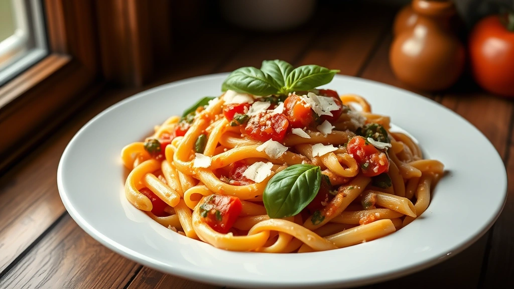 hero: bowl of creamy tomato penne rigate pasta topped with fresh basil and Parmigiano-Reggiano shavings, photorealistic, natural window light, no text