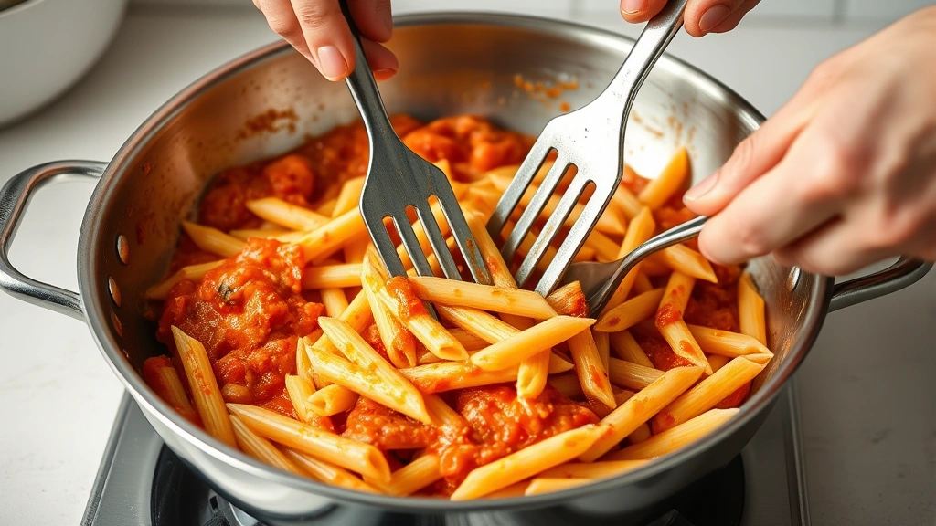 process: hands tossing penne rigate pasta with creamy tomato sauce in a stainless steel skillet using two forks, photorealistic, natural light, no text