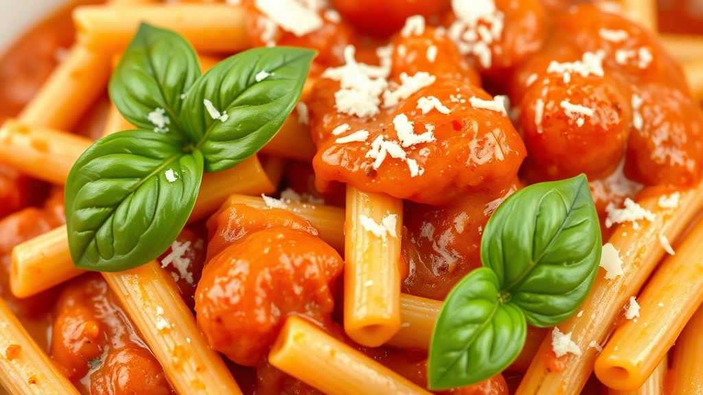 detail: close-up of penne rigate pasta coated in silky tomato cream sauce with fresh basil leaf and parmesan shaving, photorealistic, natural light, no text