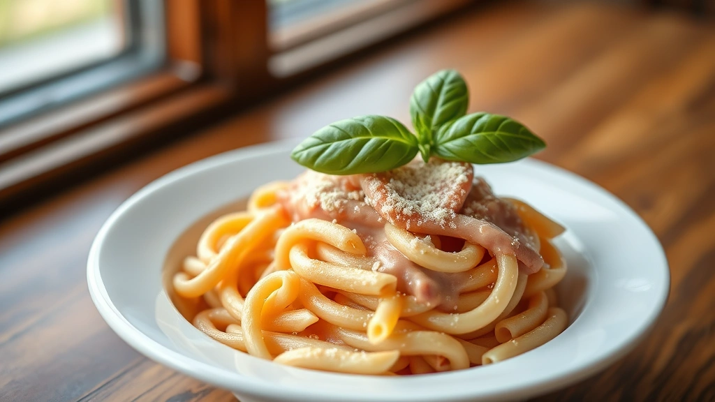 hero: creamy pink penne pasta dish in a white ceramic bowl, fresh basil leaf garnish, grated Parmigiano-Reggiano on top, warm natural window light, shallow depth of field, professional food photography, restaurant quality, no text