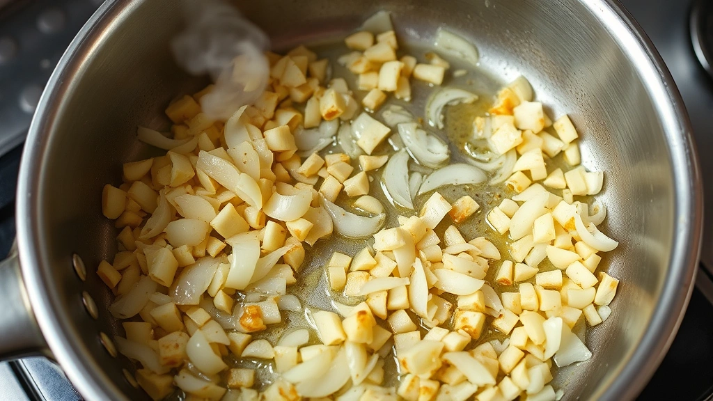 process: garlic and onion sautéing in butter in stainless steel skillet, steam rising, golden aromatic vegetables, close-up overhead shot, natural daylight, professional kitchen setting, no text