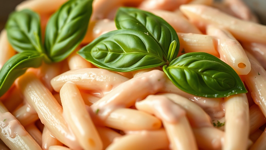 detail: close-up macro shot of penne pasta coated in silky pink cream sauce with fresh basil leaves, creamy texture visible, shallow depth of field, warm natural light, no text