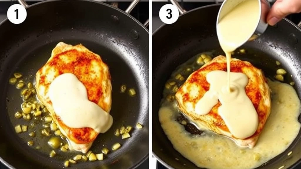 process: golden brown chicken breast in dark skillet, shallots and garlic visible, cream sauce being poured, cooking action shot, natural kitchen lighting, no text