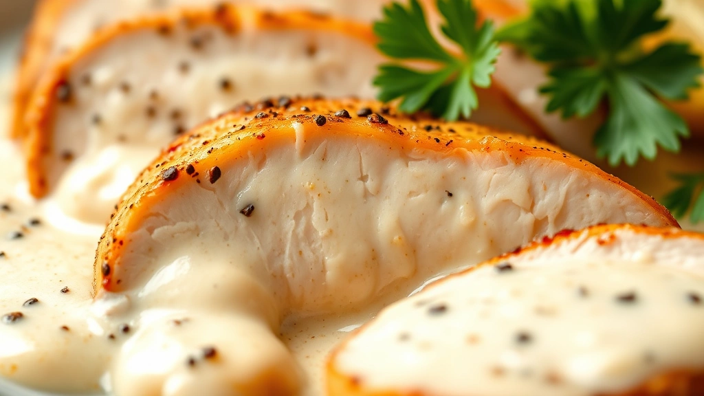 detail: close-up of sliced pepper chicken showing creamy sauce coating, black pepper visible, fresh parsley garnish, shallow depth of field, warm natural light, no text