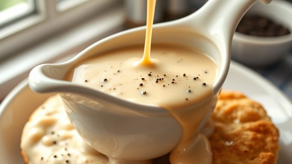 hero: creamy pepper gravy in a white ceramic gravy boat with fresh cracked black pepper visible, poured over a warm buttermilk biscuit, photorealistic, natural daylight from window, no text