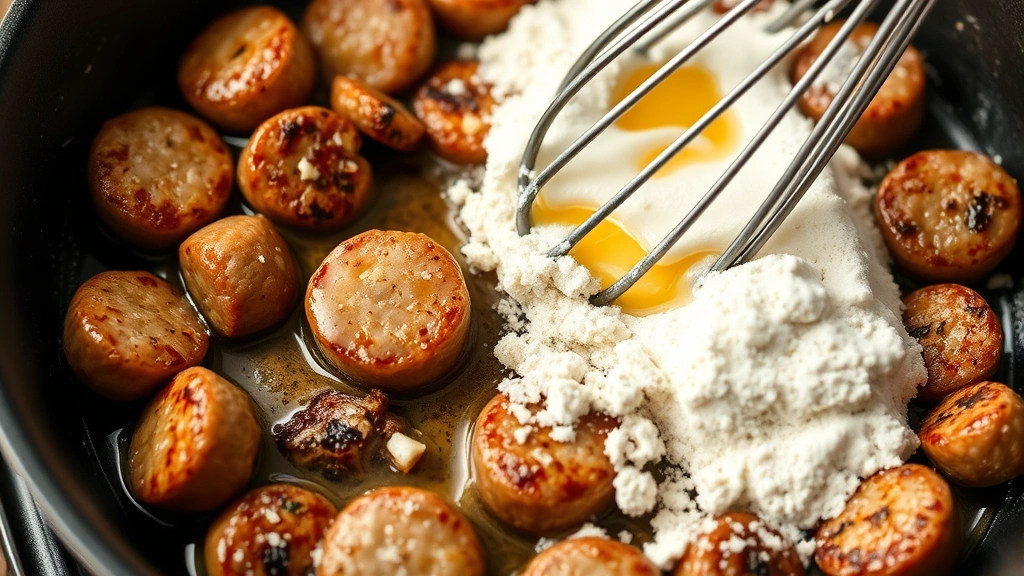 process: close-up of browned breakfast sausage in cast iron skillet with melted butter and flour being whisked together, photorealistic, warm kitchen lighting, no text