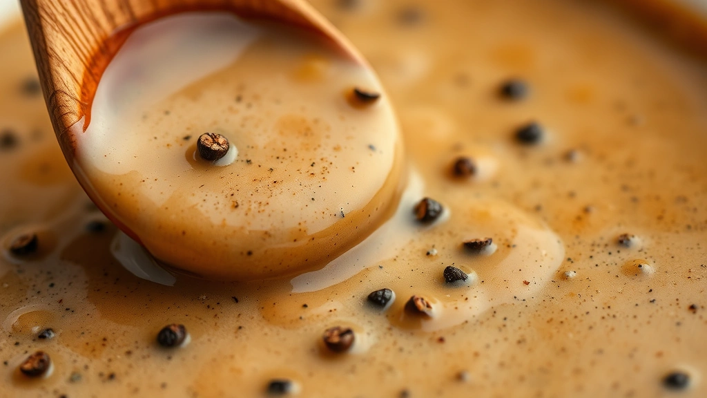 detail: extreme close-up macro shot of smooth silky pepper gravy with visible black pepper specks, wooden spoon dripping gravy, photorealistic, soft natural light, no text