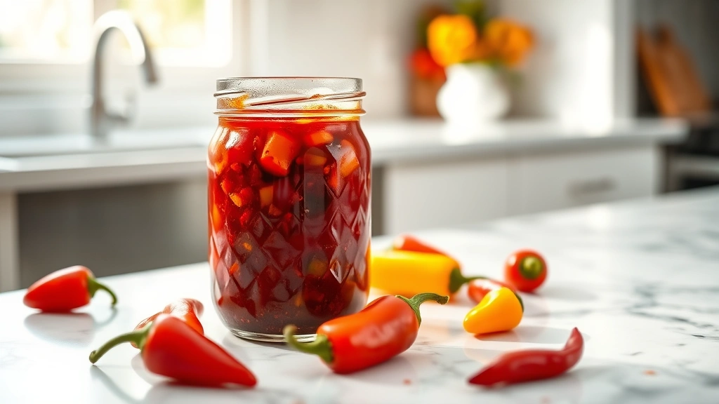 hero: vibrant pepper jam in clear glass jar with fresh red yellow and orange peppers scattered around on white marble countertop, natural window light creating warm glow, photorealistic, no text